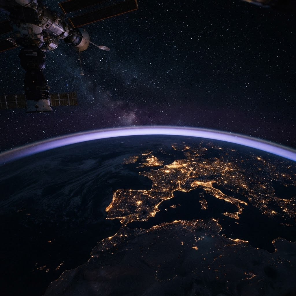 Earth at night from orbit with city lights across Europe and Africa